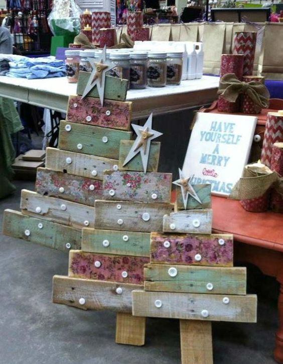 shabby reclaimed wood Christmas trees with buttons and stars