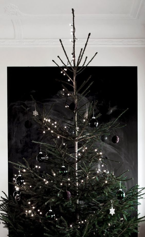 glossy black Christmas ornaments and lights for a 