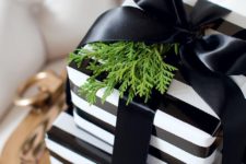 26 striped black and white gift wraps with a black bow