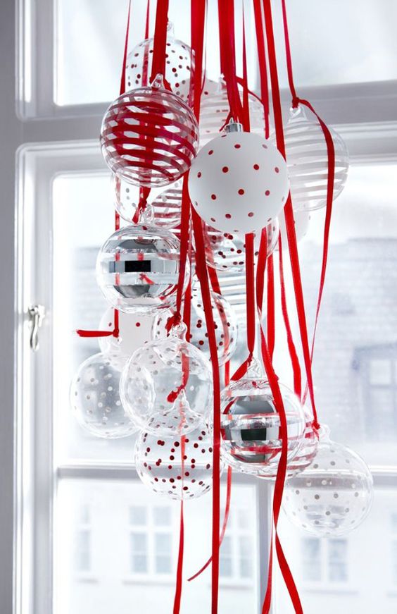 a cluster of red, white and silver ornaments will be great for window decor