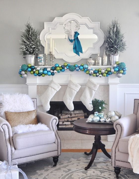 white stockings, an ornament garlands of various shades of blue and green