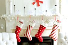 29 red and white stockings, large red snowflakes on the wall