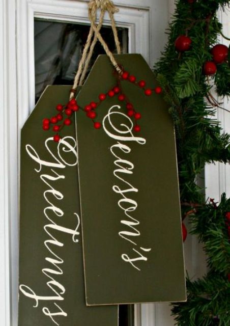 Christmas door decor - giant gift tags in olive green