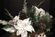34 awesome holiday box arrangement with faux evergreens, snowy poinsettia and pinecones