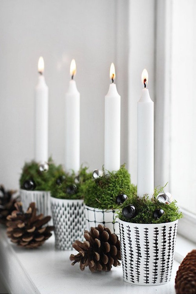patterned pots, mossm beads and candles for rustic decor