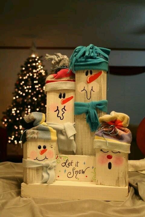 snowman decoration from reclaimed wood and fabric