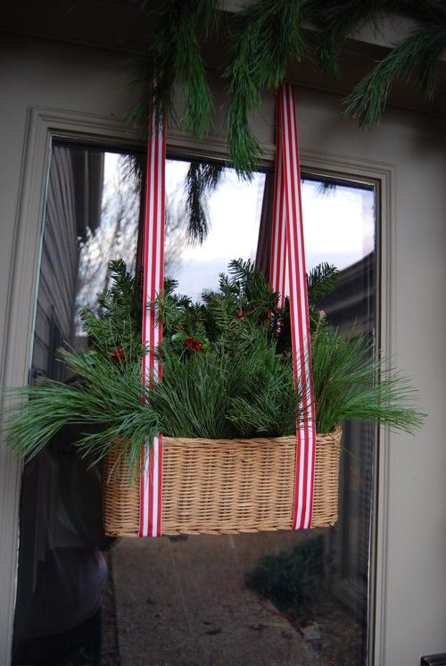 a basket with evergreens and striped ribbon