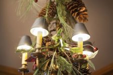 oversized pinecones, evergreens and berries for decor