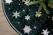 a black Christmas tree skirt with lace snowflake applique and snowballs is a catchy idea for decor