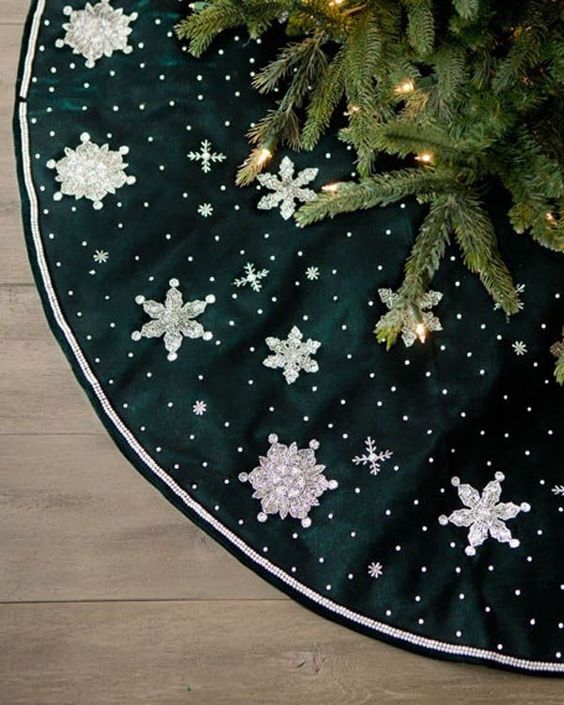 a black Christmas tree skirt with lace snowflake applique and snowballs is a catchy idea for decor