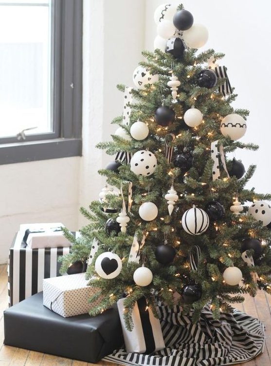 match the color of the tree skirt with the ornaments like here - black and white ornaments and a striped black and white skirt