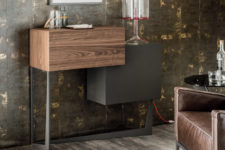 01 Portos bar cabinet by Andrea Lucatello strikes with contrast, a wooden drawer and a graphite painted one