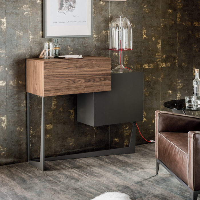 Portos bar cabinet by Andrea Lucatello strikes with contrast, a wooden drawer and a graphite painted one