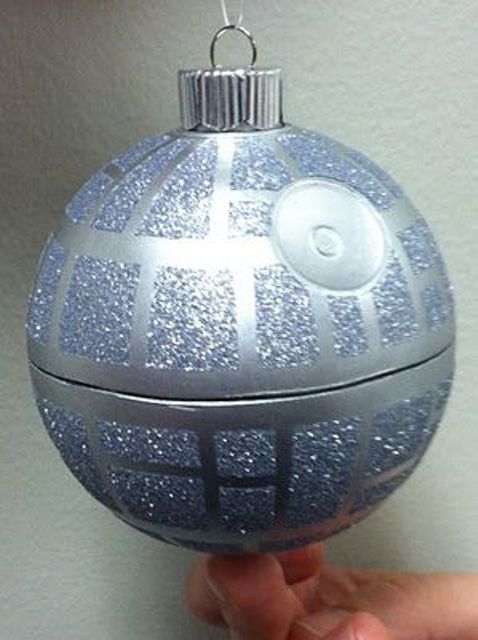 Death Star ornament covered with glitter and with a candy inside