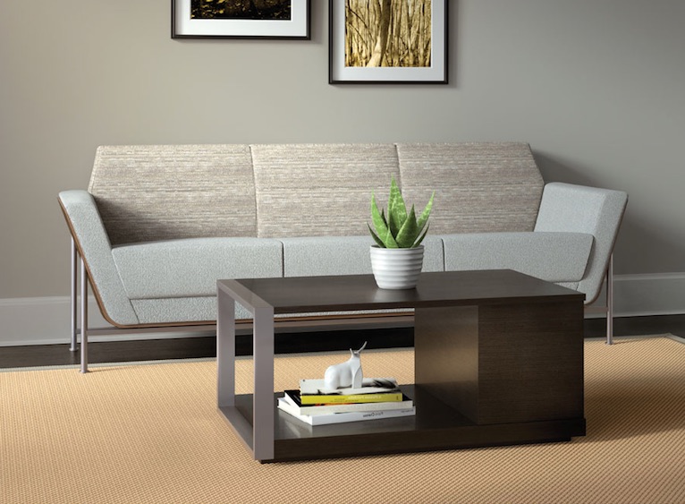 The coffee table is a dark one with a minimalist look, and the light-colored sofa is with sharp angles