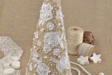 03 burlap, lace and pearl Christmas tree cone