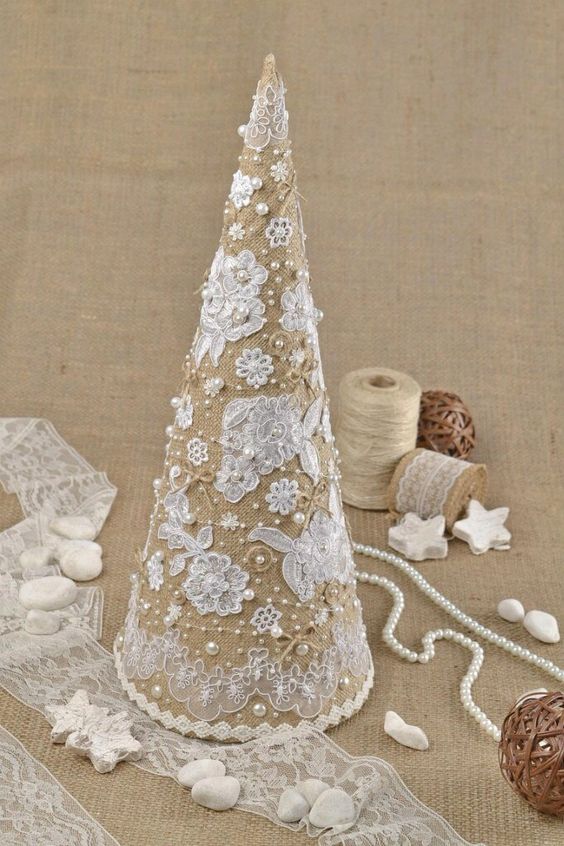 burlap, lace and pearl Christmas tree cone
