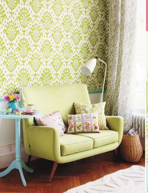 patterned greenery wallpapers and a seat for a living room