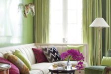 04 glossy greenery accent wall and curtains, a couple of chairs that echo
