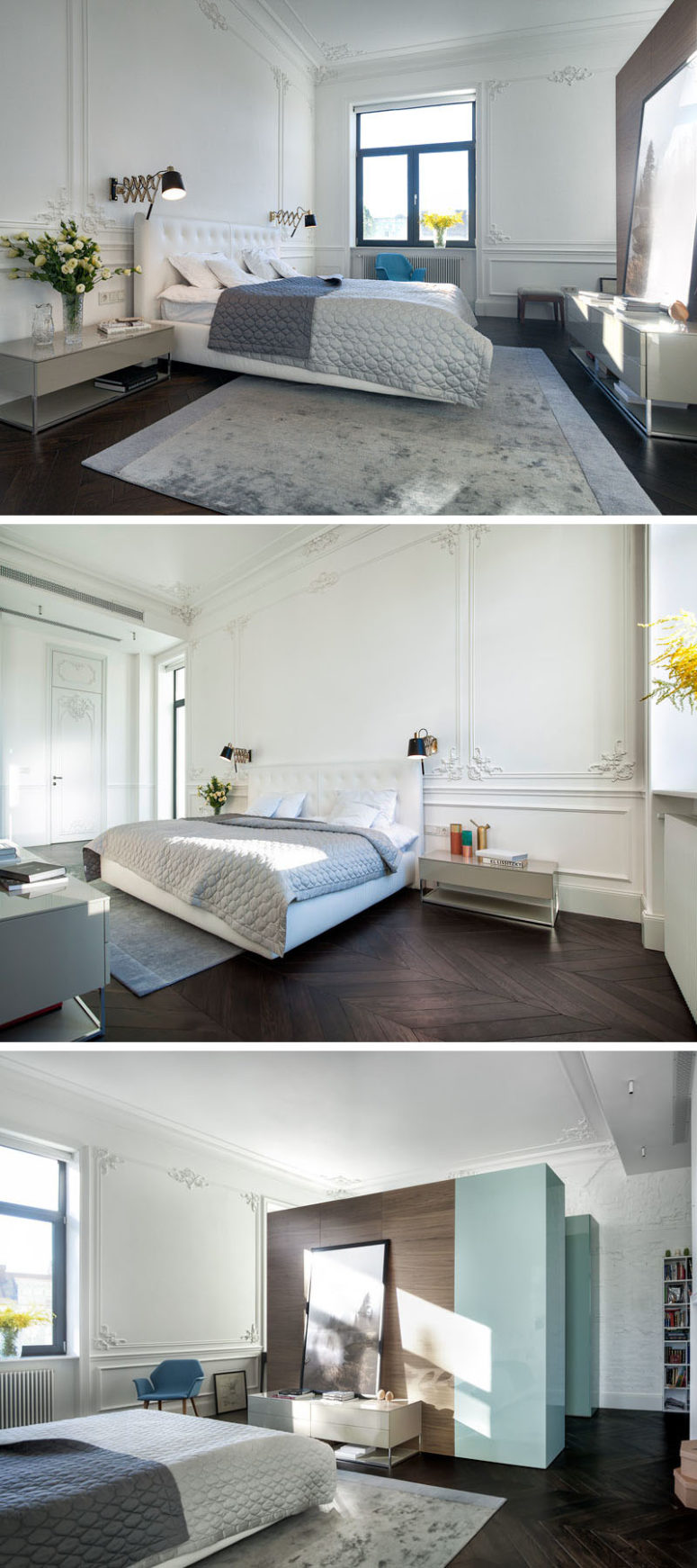The bedroom decor is simple, neutral and cool, only the walls remind that it's a 19th century building