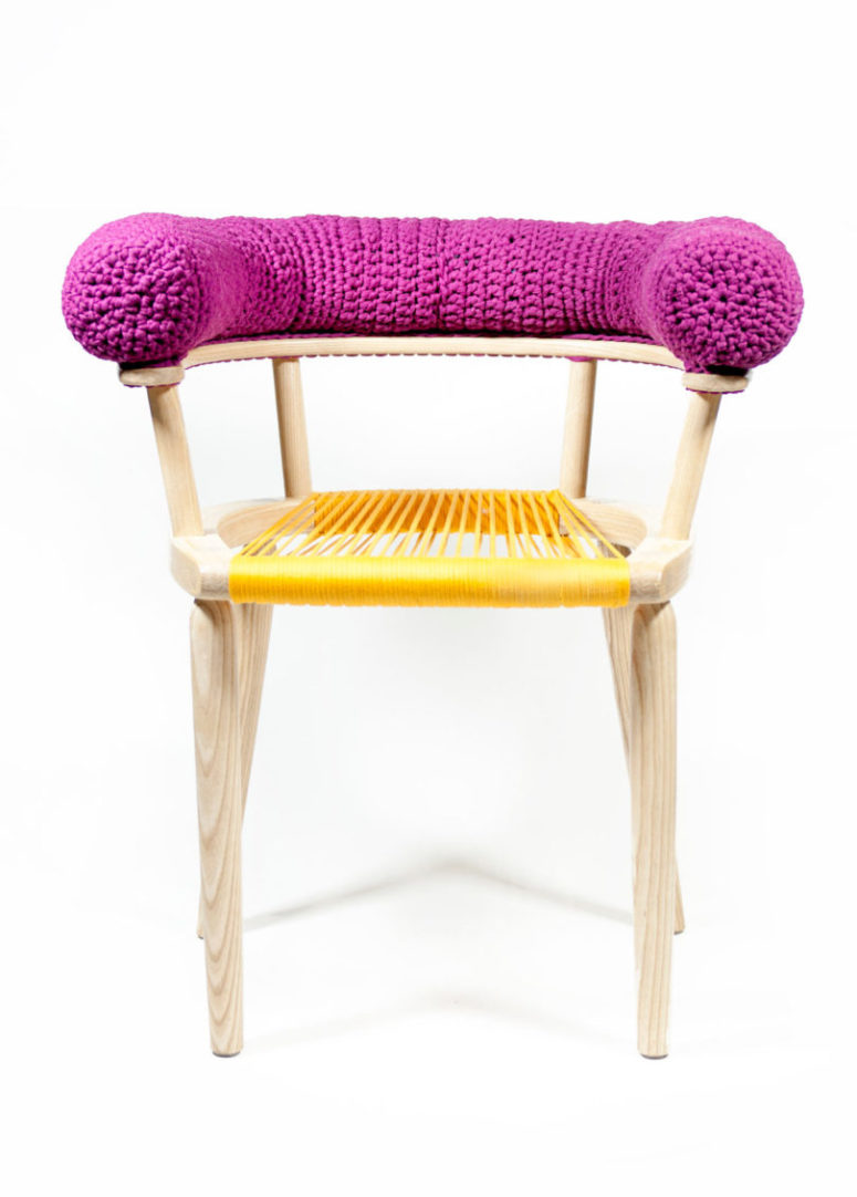 This chair boasts of a purple knit back and a yellow string seat