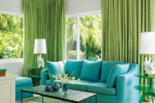 06 bold living room decor with patterned greenery curtains