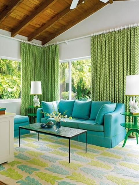 bold living room decor with patterned greenery curtains