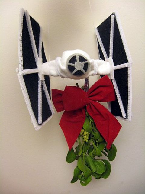 mistle-tie fighter with a large red bow