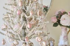 06 unique silver tabletop tree with white beads and pink ornaments
