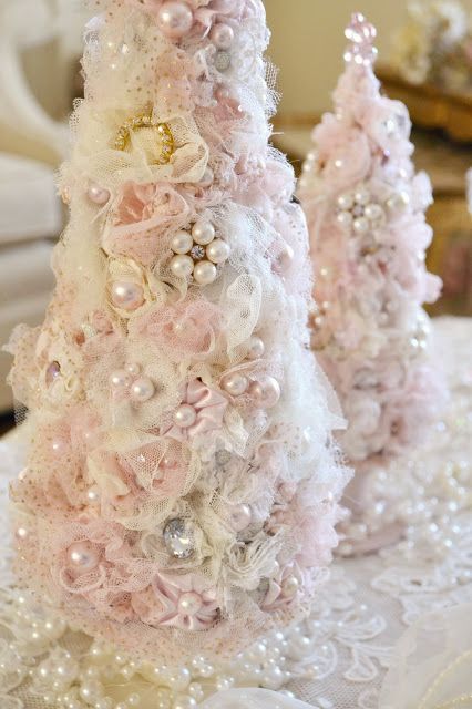 tabletop tulle Christmas trees with pearls and beads