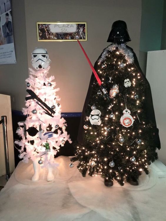 Storm trooper and Darth Vader trees with masks