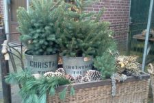08 a wicker trolley display with oversized pinecones, evergreens and two trees in buckets