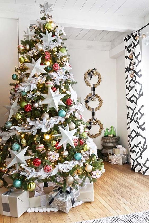 oversized star ornaments and colorful baubles