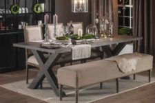 10 rustic dark-stained table with comfy upholstered chairs and a bench
