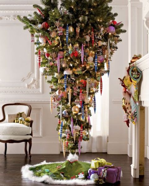 an upside down tree and colorful vintage ornaments