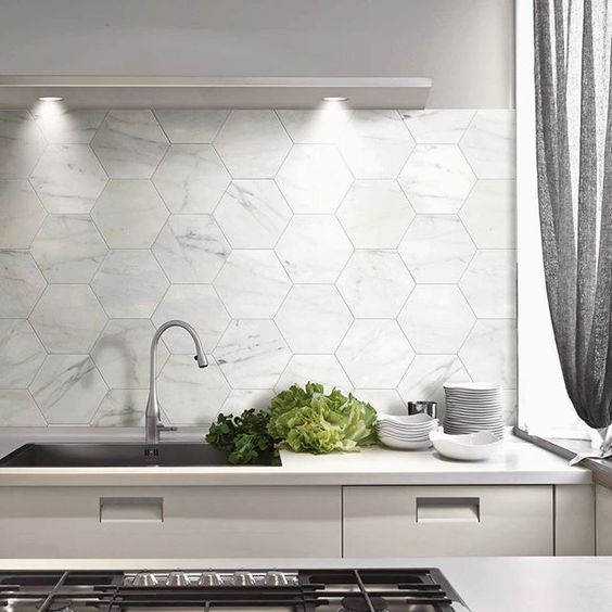 large marble hex tiles for a modern kitchen