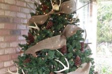 12 a large tree with pinecones, lightsm antlers and burlap deco mesh