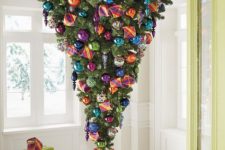 12 an upside down tree with colorful glossy ornaments