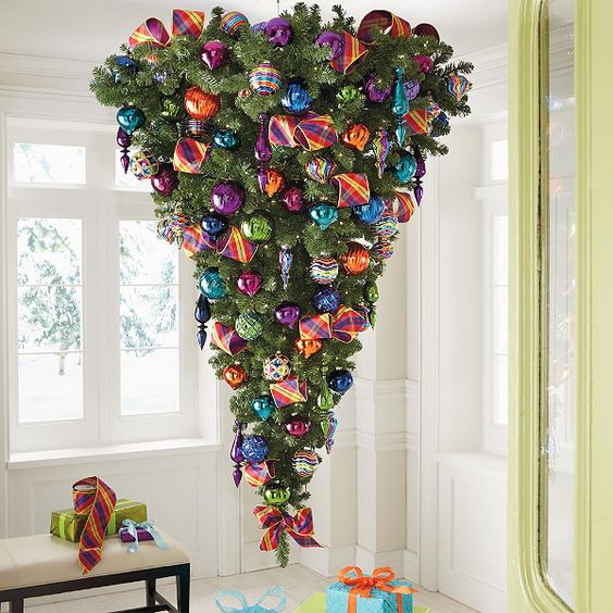 an upside down tree with colorful glossy ornaments