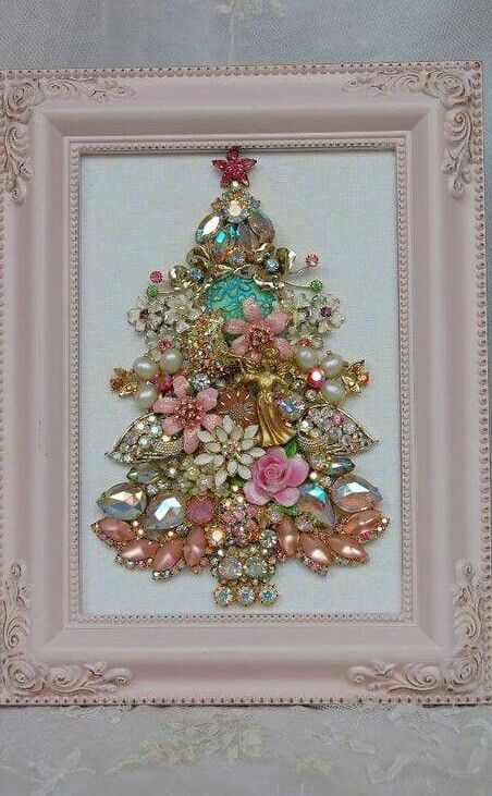 beautiful shabby chic jewelry Christmas tree in a frame