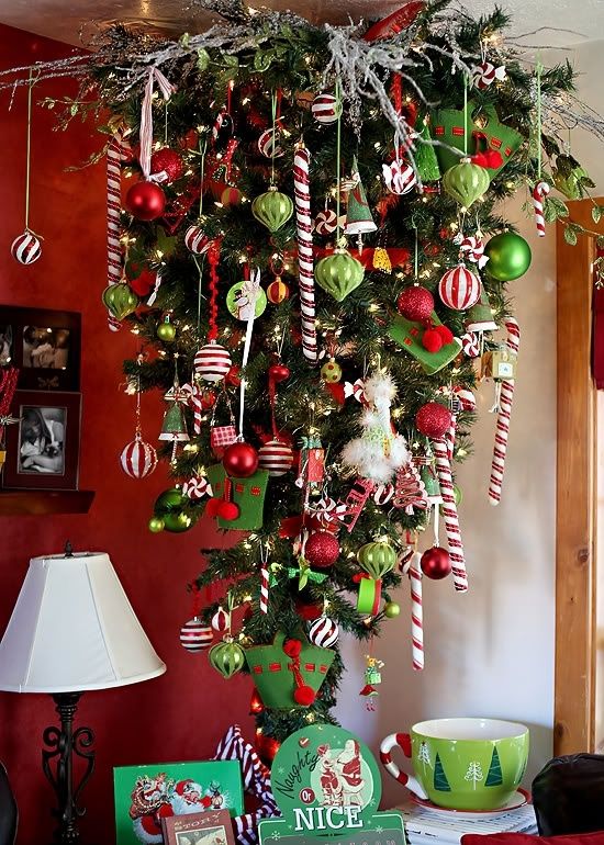 red, green and white upside down Christmas tree