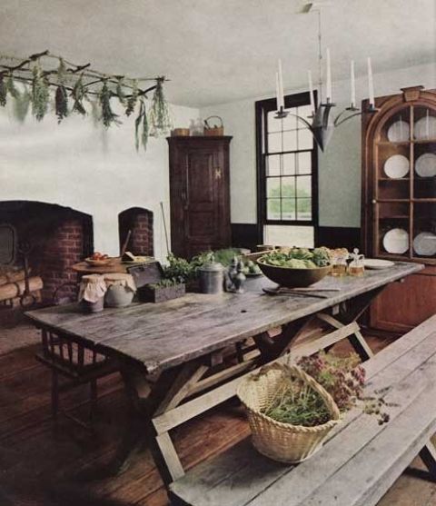 Rustic styled home with a farm rough wooden table and benches
