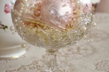 17 antique crystal bowl with pink and ivory ornaments and pearls
