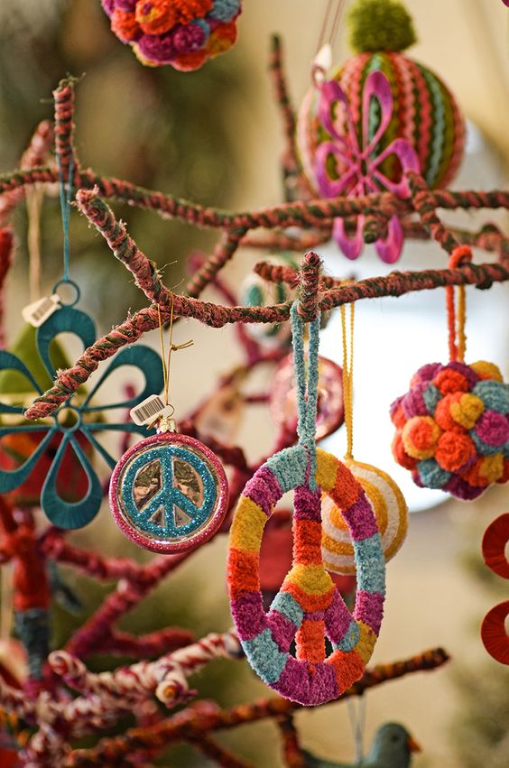 hippie-styled yarn Christmas ornaments