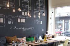 17 modern and cheerful coffee shop decor with a chalkboard wall and hanging bulbs