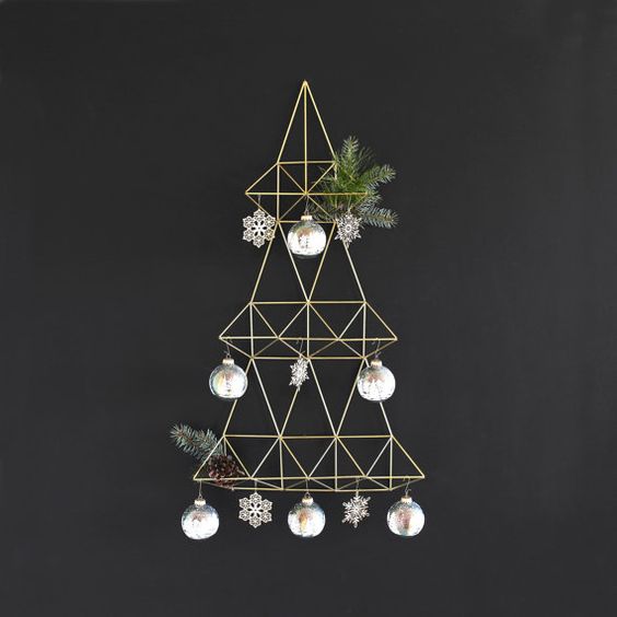 three layer metal wall tree with ornaments and evergreens