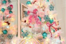 19 colorful pink and turquoise ornaments and lights