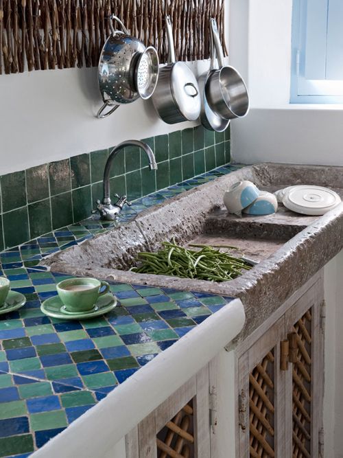 green and blue tiles on the backsplash and countertop
