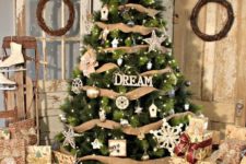 19 rustic tree decor with burlap and metallic and white ornaments
