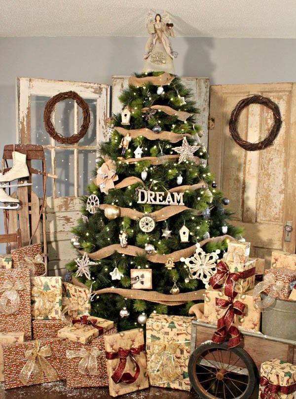 rustic tree decor with burlap and metallic and white ornaments